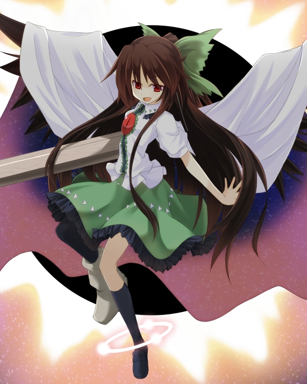 1girl arm_cannon black_legwear bow brown_hair cape hair_bow long_hair mismatched_footwear open_mouth red_eyes reiuji_utsuho skirt smile solo third_eye touhou very_long_hair weapon wings