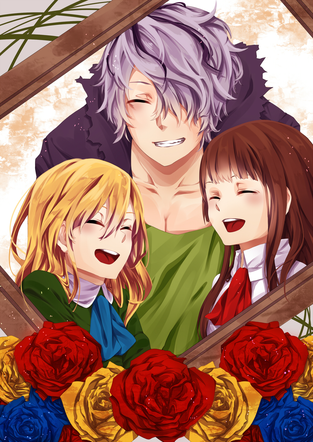 1boy 2girls blonde_hair blue_rose brown_hair closed_eyes collarbone dress flower garry_(ib) hair_over_one_eye highres ib ib_(ib) mary_(ib) multiple_girls picture_frame pietani397 purple_hair red_rose rose trench_coat yellow_rose