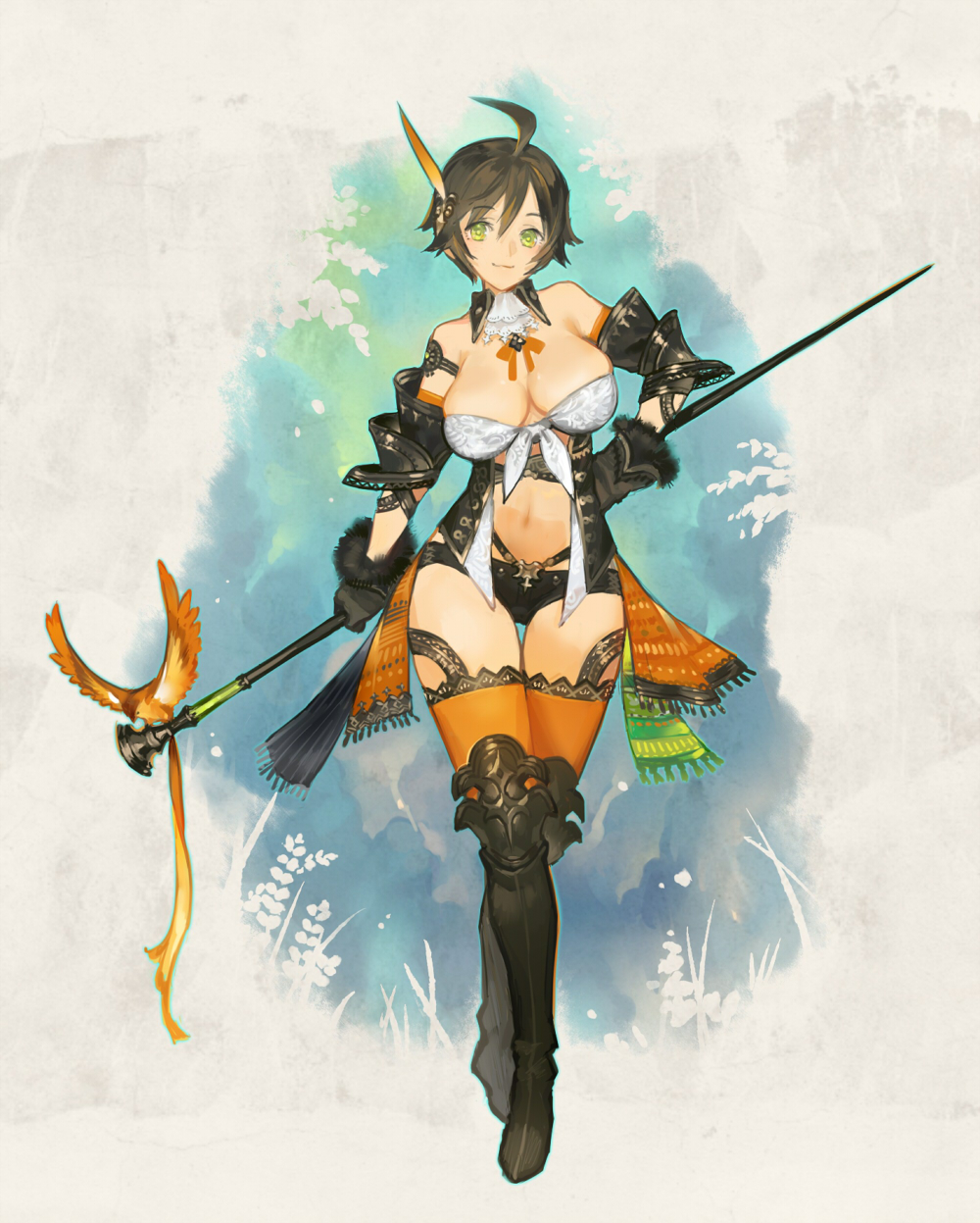 ahoge armor bikini_armor bird breasts brown_hair cleavage feathers gloves greaves green_eyes highres large_breasts navel pixiv_fantasia pixiv_fantasia_new_world short_hair staff thigh-highs zhuzi