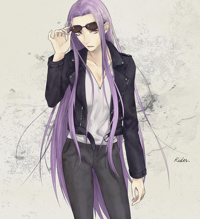 1girl breasts casual cleavage fate/stay_night fate_(series) long_hair mmm_(xbit) purple_hair rider solo sunglasses very_long_hair