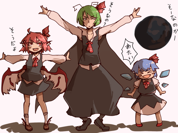 &gt;_&lt; 3girls antennae aura blue_hair blush_stickers cape cat-ma cirno dress green_hair ice if_they_mated multiple_girls mystia_lorelei outstretched_arms pink_eyes pink_hair rumia shadow touhou wings wriggle_nightbug