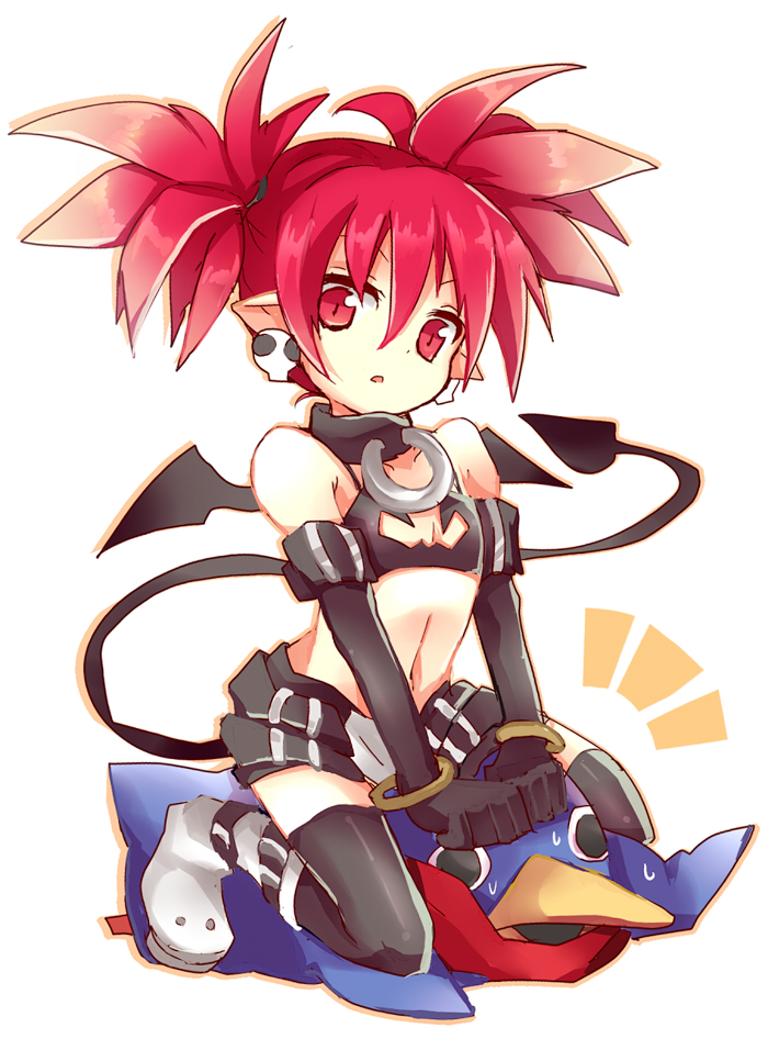 1girl bat_wings choker demon_tail disgaea earrings elbow_gloves etna flat_chest girl_on_top gloves jewelry nikuma pointy_ears prinny red_eyes redhead short_hair shorts tail thigh-highs wings