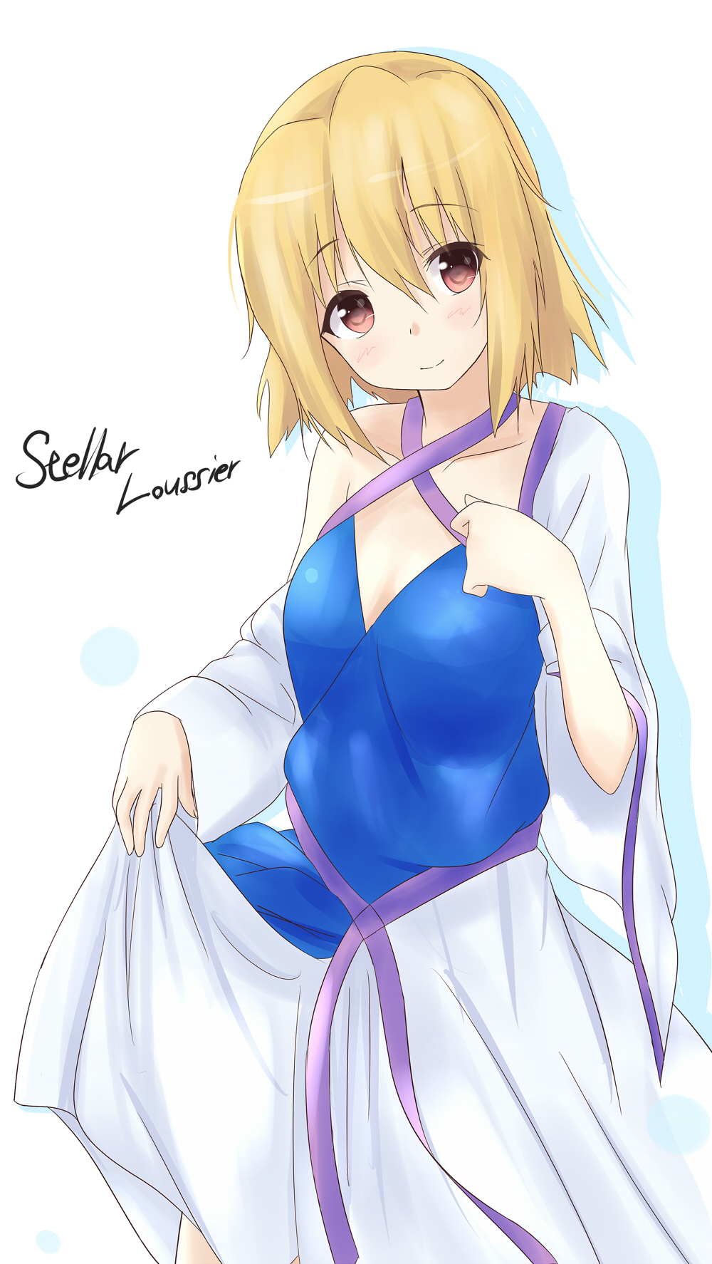 1girl blonde_hair character_name dress gundam gundam_seed gundam_seed_destiny highres kudrove orange_eyes short_hair smile solo stellar_loussier