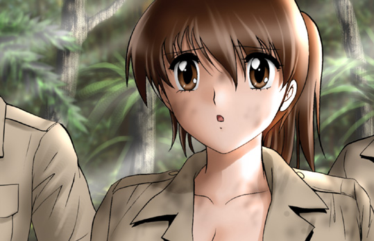 1girl brown_eyes brown_hair bust dirty face jungle nature open_mouth original shingyouji_tatsuya