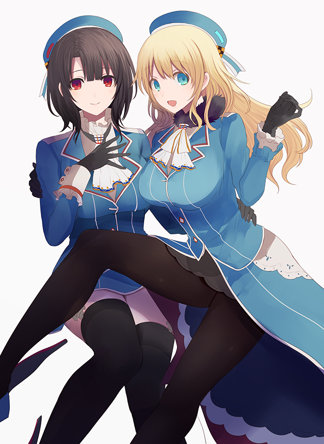 2girls aqua_eyes atago_(kantai_collection) black_gloves black_hair blonde_hair blush breasts garter_straps gloves harano hat kantai_collection large_breasts long_hair looking_at_viewer military military_uniform multiple_girls pantyhose personification red_eyes short_hair simple_background smile takao_(kantai_collection) thighhighs uniform white_background