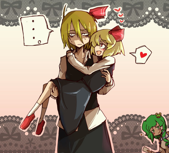 ... adult ahoge blonde_hair bow breasts carrying cat-ma dress frog_hair_ornament green_eyes green_hair hair_bow hair_ornament heart kochiya_sanae long_hair princess_carry red_eyes rumia smile touhou