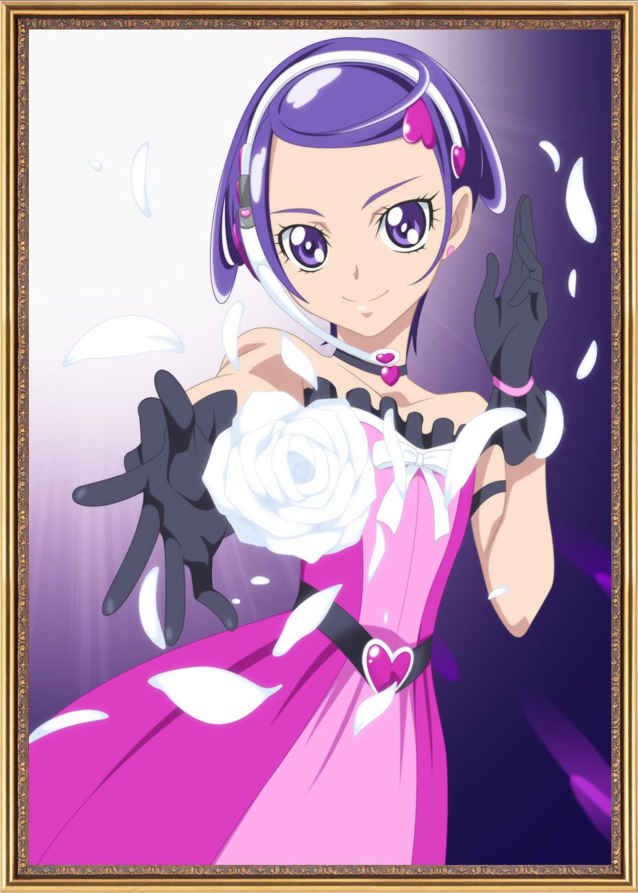 1girl dokidoki!_precure dress flower gloves hair_ornament headset highres kenzaki_makoto picture_frame precure purple_hair short_hair smile_(rz) solo violet_eyes