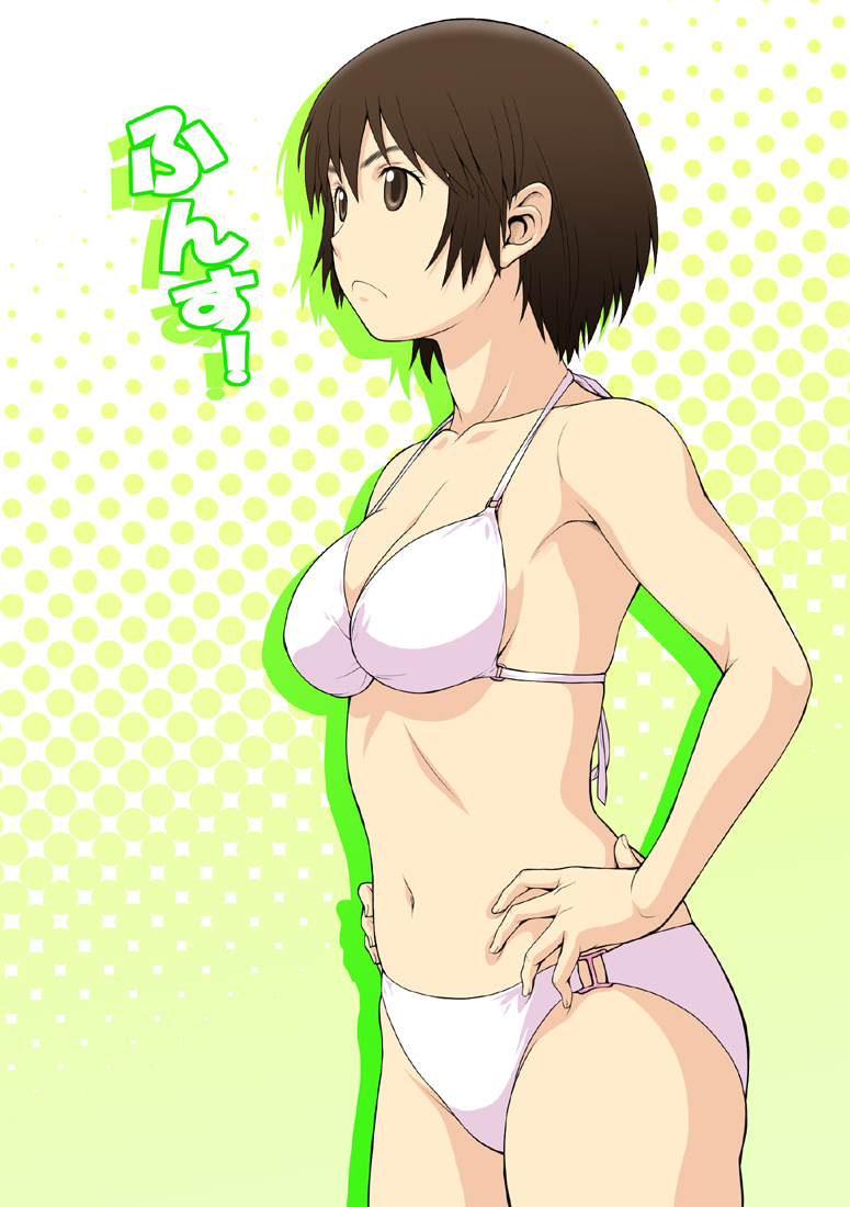 1girl ayase_fuuka bikini bob_cut brown_eyes brown_hair hands_on_hips kouda_tomohiro short_hair swimsuit yotsubato!