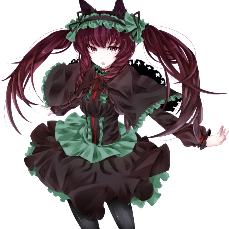 1girl adapted_costume animal_ears black_legwear bow braid capelet cat_ears cat_tail choker dress frills gothic_lolita hair_bow hairband kaenbyou_rin lolita_fashion long_hair long_sleeves multiple_tails mutoto open_mouth pantyhose red_eyes redhead ribbon solo tail touhou twin_braids twintails