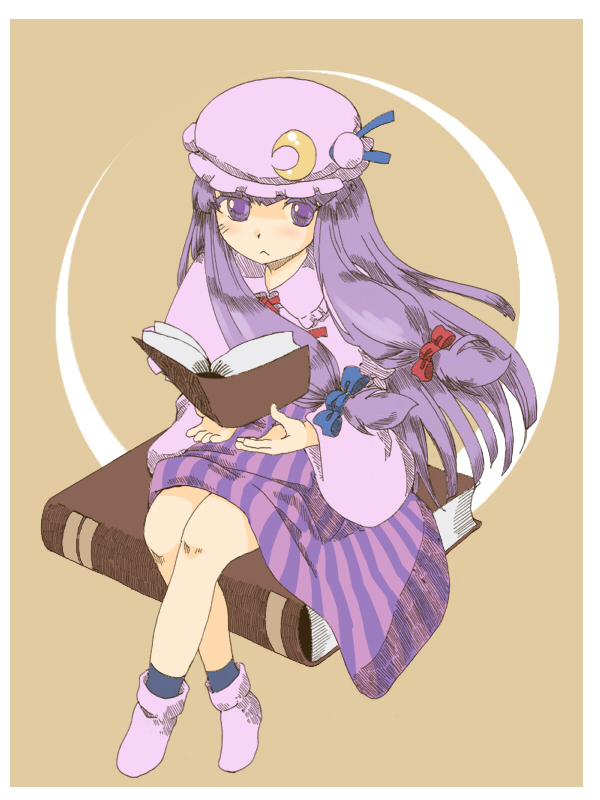 1girl : :&lt; book hair_ribbon hat hat_ribbon long_hair patchouli_knowledge purple_hair ribbon solo touhou very_long_hair violet_eyes yanagihara_tantoui