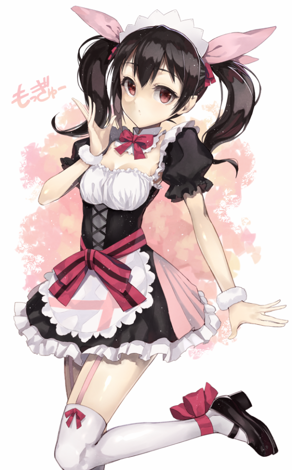 ankle_ribbon black_hair bow brown_eyes garter_straps hair_ribbon long_hair love_live!_school_idol_project maid maid_headdress mary_janes ribbon shoes shrimpman thigh-highs twintails wristband yazawa_nico