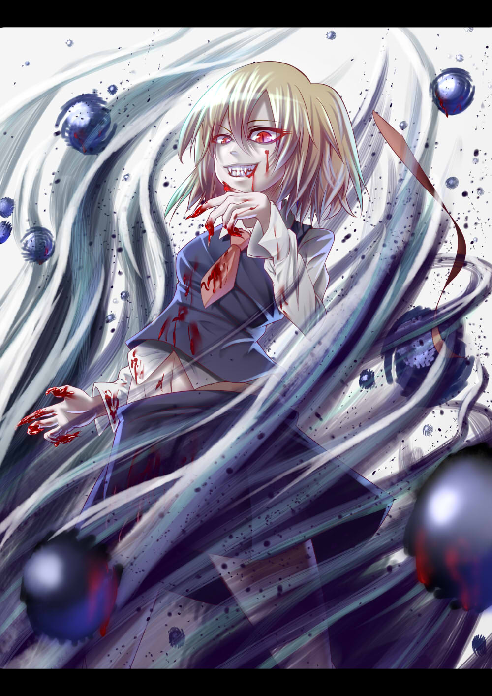 1girl absurdres blonde_hair blood claws fang formal highres necktie orbs pijirion red_eyes ribbon rumia skirt slit_pupils solo touhou vest