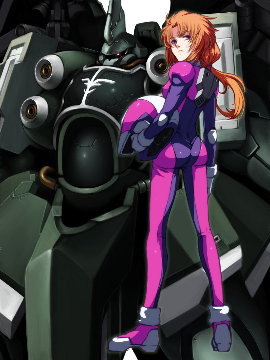 1girl ass bodysuit brown_hair gundam gundam_unicorn helmet highres kshatriya long_hair marida_kruz ponytail solo tabigarasu violet_eyes