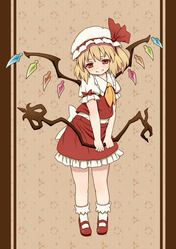 1girl blonde_hair coco0932 flandre_scarlet half-closed_eyes hat hat_ribbon laevatein looking_at_viewer neckerchief red_eyes red_shoes ribbon shirt shoes side_ponytail skirt skirt_set smile solo touhou v_arms vest wings