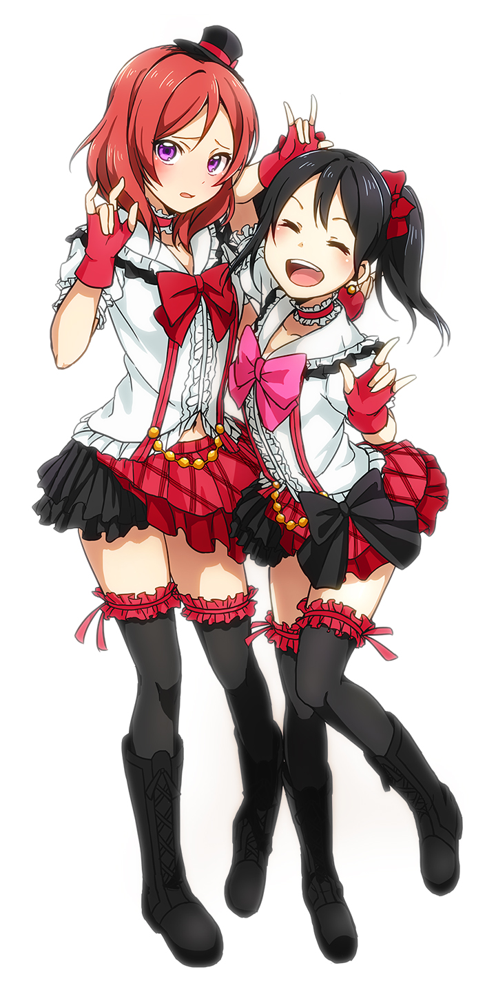 2girls \m/ black_hair black_legwear boots bow choker closed_eyes cross-laced_footwear double_\m/ earrings fingerless_gloves frills garters gloves hair_bow hat highres hotechige jewelry love_live!_school_idol_project mini_top_hat multiple_girls navel nishikino_maki open_mouth red_gloves redhead short_hair skirt smile standing standing_on_one_leg thigh-highs top_hat twintails violet_eyes yazawa_nico