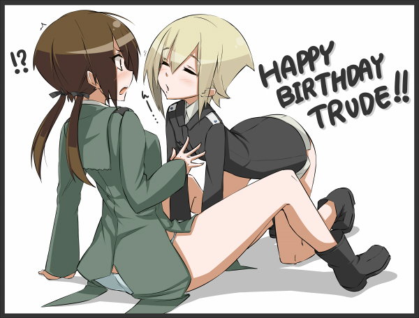 !? 2girls all_fours blonde_hair blush boots breasts brown_eyes brown_hair character_name closed_eyes embarrassed english erica_hartmann gertrud_barkhorn happy_birthday incipient_kiss long_sleeves military military_uniform multiple_girls nacl panties short_hair sitting strike_witches trembling underwear uniform