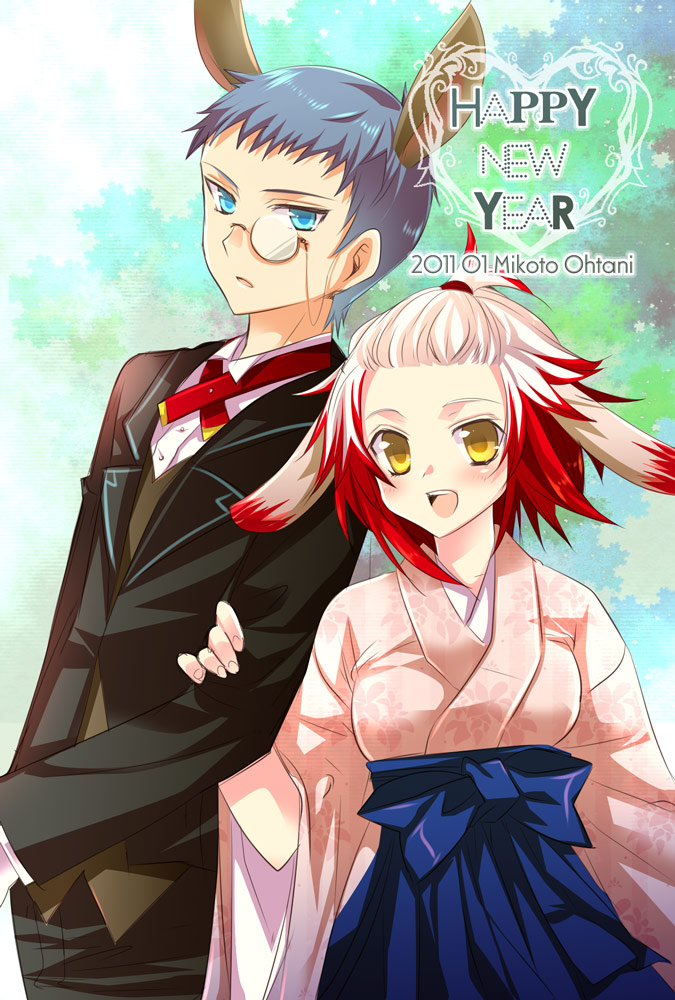 1boy 1girl 2011 animal_ears blue_eyes blue_hair blush formal happy_new_year high_ponytail hubert_ozwell japanese_clothes kimono monocle multicolored_hair pascal rabbit_ears redhead short_hair smile suit sumomo_(peach-breath) tales_of_(series) tales_of_graces two-tone_hair white_hair yellow_eyes