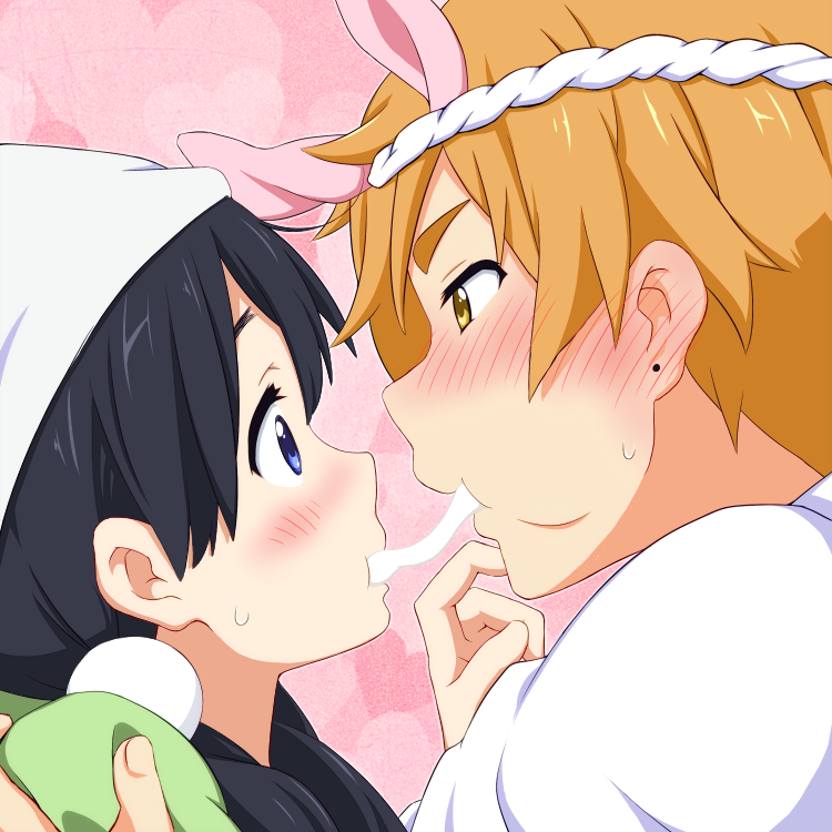 1boy 1girl animal_ears black_hair blue_eyes blush brown_eyes brown_hair eye_contact fake_animal_ears food hair_ornament hand_on_another's_shoulder head_scarf headband heart heart_background kitashirakawa_tamako long_hair looking_at_another low_twintails mikepon_(ota_office) mochi ooji_mochizou rabbit_ears shared_food short_hair sweat tamako_market wagashi