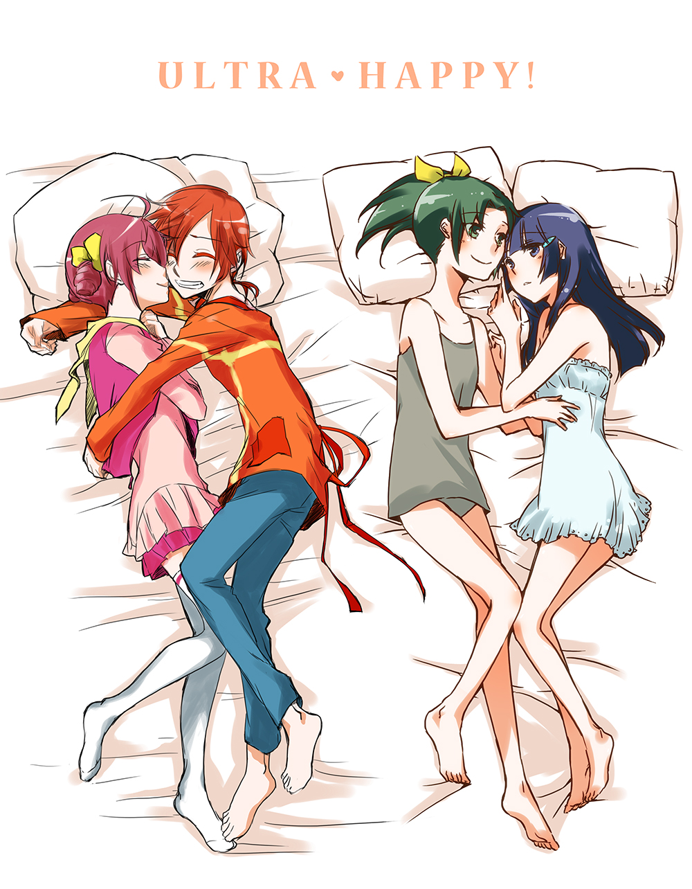 4girls aoki_reika bed blue_hair camisole chemise closed_eyes english feet green_hair hair_ornament hair_ribbon hairclip happy highres hino_akane hoshizora_miyuki hug jeans lying midorikawa_nao multiple_girls orange_hair panties pillow pink_hair ponytail precure ribbon sekihara_umina skirt smile smile_precure! sweater text thigh-highs underwear yuri zettai_ryouiki