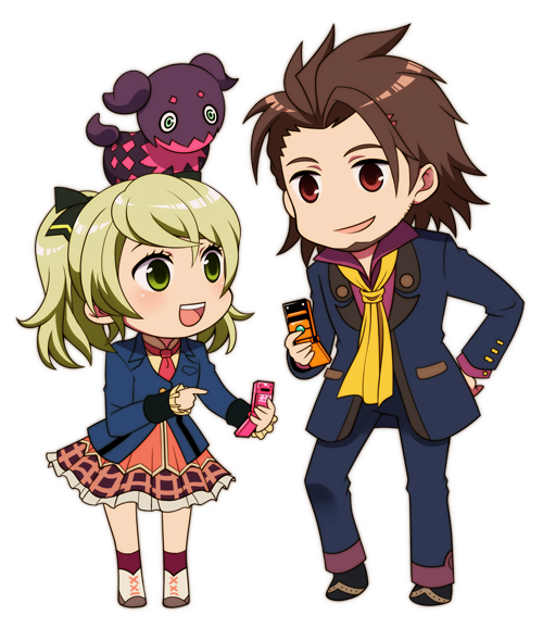 1boy 1girl alvin_(tales_of_xillia) blazer blonde_hair bow brown_eyes brown_hair cellphone chibi doll elise_lutus formal green_eyes hair_bow hand_on_hip micha_(chaho) necktie pants phone school_uniform shoes short_hair skirt smile suit tales_of_(series) tales_of_xillia tales_of_xillia_2 tipo_(xillia) twintails white_background