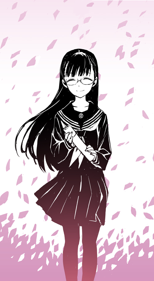 black_hair character_request cherry_blossoms closed_eyes matsuryuu pantyhose school_uniform