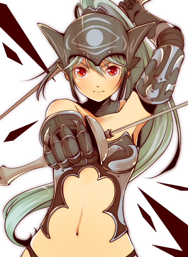 1girl amazake armor character_request copyright_request green_hair helmet long_hair navel ponytail red_eyes simple_background solo sword weapon white_background