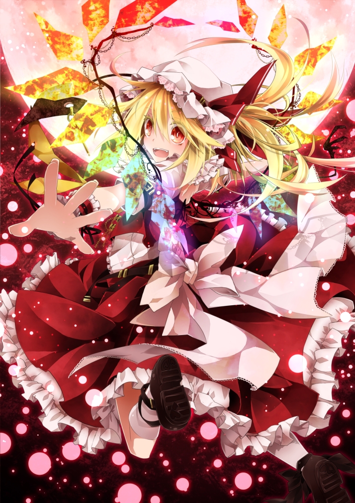 1girl backless_outfit blonde_hair bow chain fangs flandre_scarlet frilled_skirt full_moon glowing glowing_wings hat hat_ribbon lights moon night open_mouth outstretched_arms puffy_sleeves red_eyes red_moon ribbon sash shirt short_sleeves side_ponytail skirt skirt_set sky solo touhou toutenkou vest wings wrist_cuffs