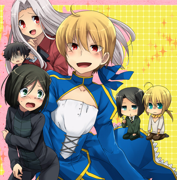 3boys 3girls black_hair blonde_hair cosplay costume_switch crossdressinging dress emiya_kiritsugu fate/zero fate_(series) gilgamesh gilgamesh_(cosplay) green_eyes hisau_maiya hisau_maiya_(cosplay) irisviel_von_einzbern marimo_danshaku multiple_boys multiple_girls red_eyes saber saber_(cosplay) trap waver_velvet waver_velvet_(cosplay) white_hair