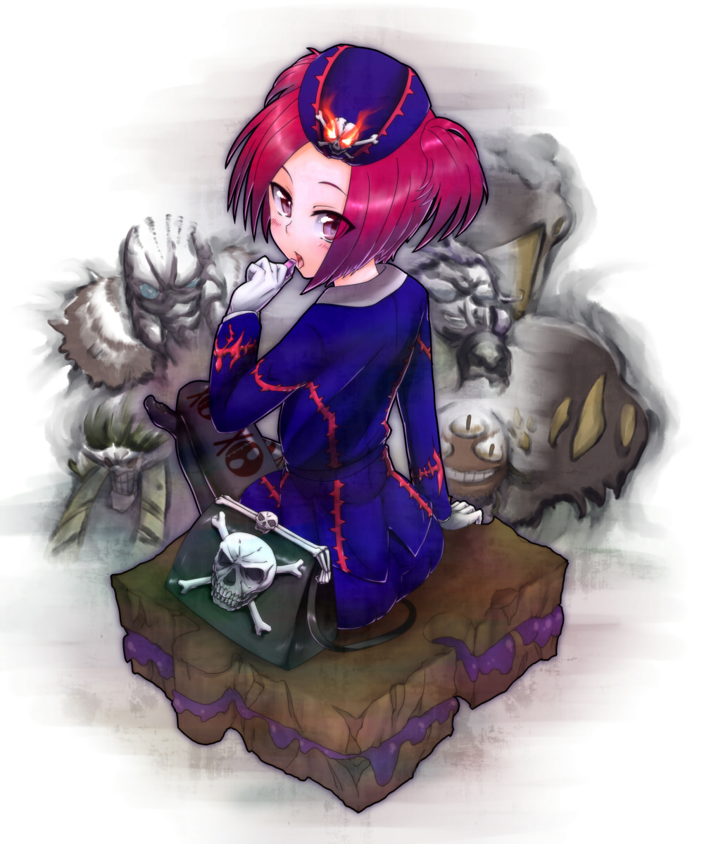 1girl back bone duel_monster eating fire hat hctk highres looking_at_viewer red_eyes redhead sangan sitting skull skull_and_crossbones tour_guide_from_the_underworld twintails yuu-gi-ou