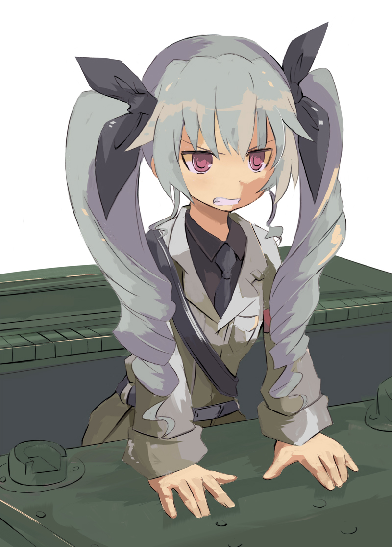 1girl anchovy angry arm_support belt brown_eyes clenched_teeth dress_shirt drill_hair girls_und_panzer hair_ribbon jacket leaning_forward long_hair military military_uniform military_vehicle necktie pants ribbon riva0412 shirt silver_hair solo standing tank twin_drills twintails uniform vehicle