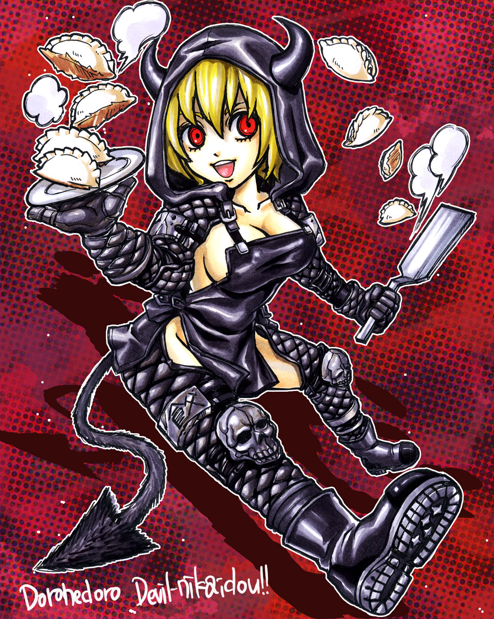 1girl apron blonde_hair breasts cleavage demon_horns demon_tail dorohedoro dumpling gloves highres horns jiaozi knee_pads large_breasts miso-234 nikaido red_eyes sideboob skull smile solo spatula tail