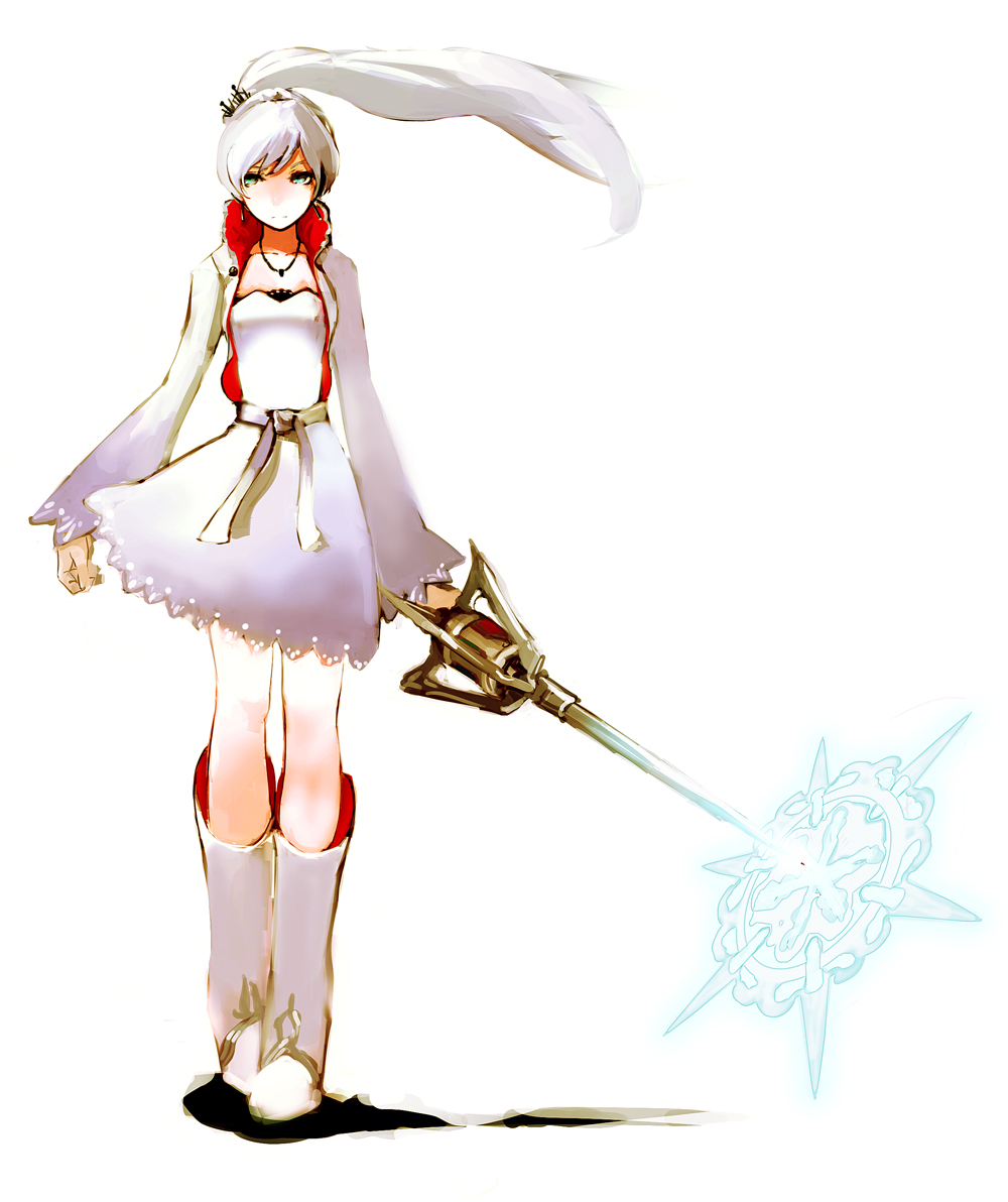 1girl boots dress jewelry long_hair necklace ponytail rapier rwby so-bin solo sword weapon weiss_schnee white_hair