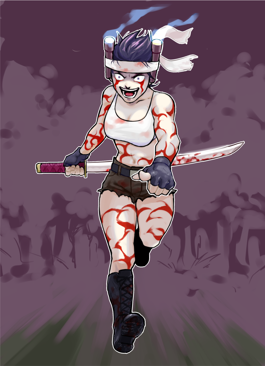 1girl bare_shoulders belt black_hair blue_eyes boots breasts character_request combat_boots crop_top cutoffs fingerless_gloves gloves headband highres katana knee_boots large_breasts midriff navel pointing pointing_forward reverse_grip running satou_saccharin short_hair short_shorts shorts solo sword tattoo weapon zombie-ya_reiko
