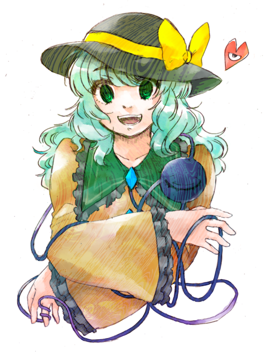 1girl aqua_hair green_eyes hat hat_ribbon heart komeiji_koishi long_hair long_sleeves looking_at_viewer open_mouth portrait ribbon shirt simple_background smile solo syoumikigengire third_eye touhou white_background wide_sleeves
