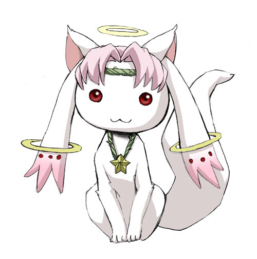 :3 copyright_request cosplay halo jewelry kimagureneko kyubey mahou_shoujo_madoka_magica necklace no_humans pink_hair red_eyes simple_background sitting solo white_background