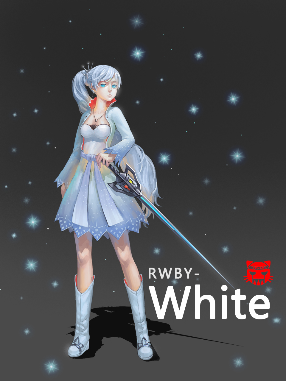 175165855_(artist) 1girl blue_eyes boots dress earrings highres jewelry long_hair necklace rapier rwby solo sword very_long_hair weapon weiss_schnee