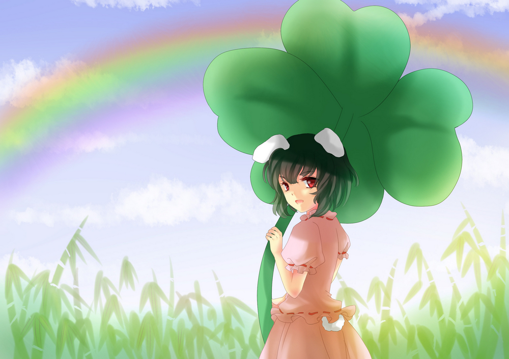 1girl animal_ears black_hair blouse blue_sky bunny_tail clouds clover four-leaf_clover grass inaba_tewi looking_at_viewer looking_back open_mouth oversized_object puffy_short_sleeves puffy_sleeves rabbit_ears rainbow red_eyes sheeg short_hair short_sleeves skirt sky solo tail touhou