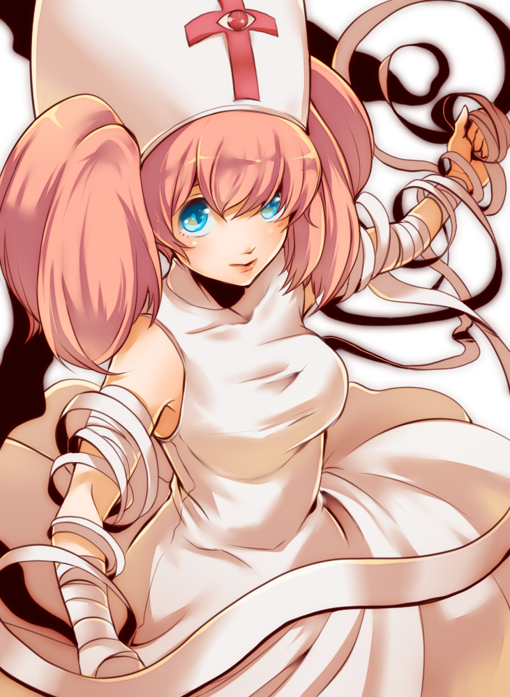 1girl amazake bandages blue_eyes character_request copyright_request hat pink_hair short_hair simple_background solo twintails white_background
