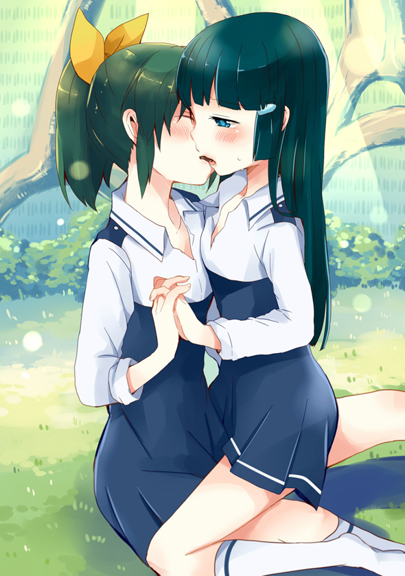 2girls aoki_reika bangs blue_eyes blue_hair blush closed_eyes green_eyes gumichoco hair_ornament hair_ribbon hairclip hime_cut holding_hands interlocked_fingers kiss long_hair midorikawa_nao mouth_to_mouth_feeding multiple_girls nature ponytail precure ribbon school_uniform sitting skirt smile_precure! socks straddle yuri