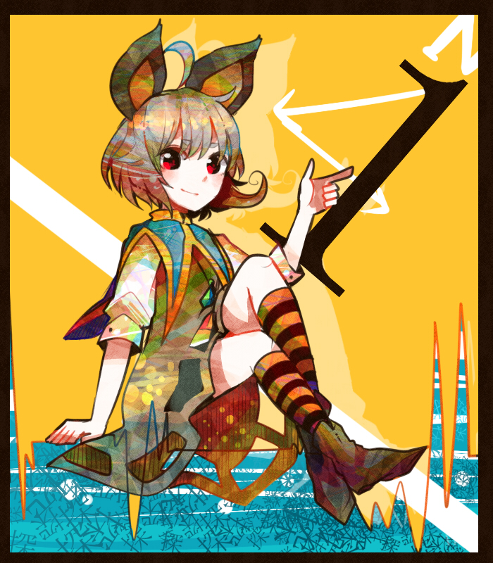 1girl animal_ears grey_hair looking_at_viewer mouse_ears nazrin number red_eyes ringetsumon shirt shoes short_hair short_sleeves sitting skirt socks solo striped striped_socks touhou