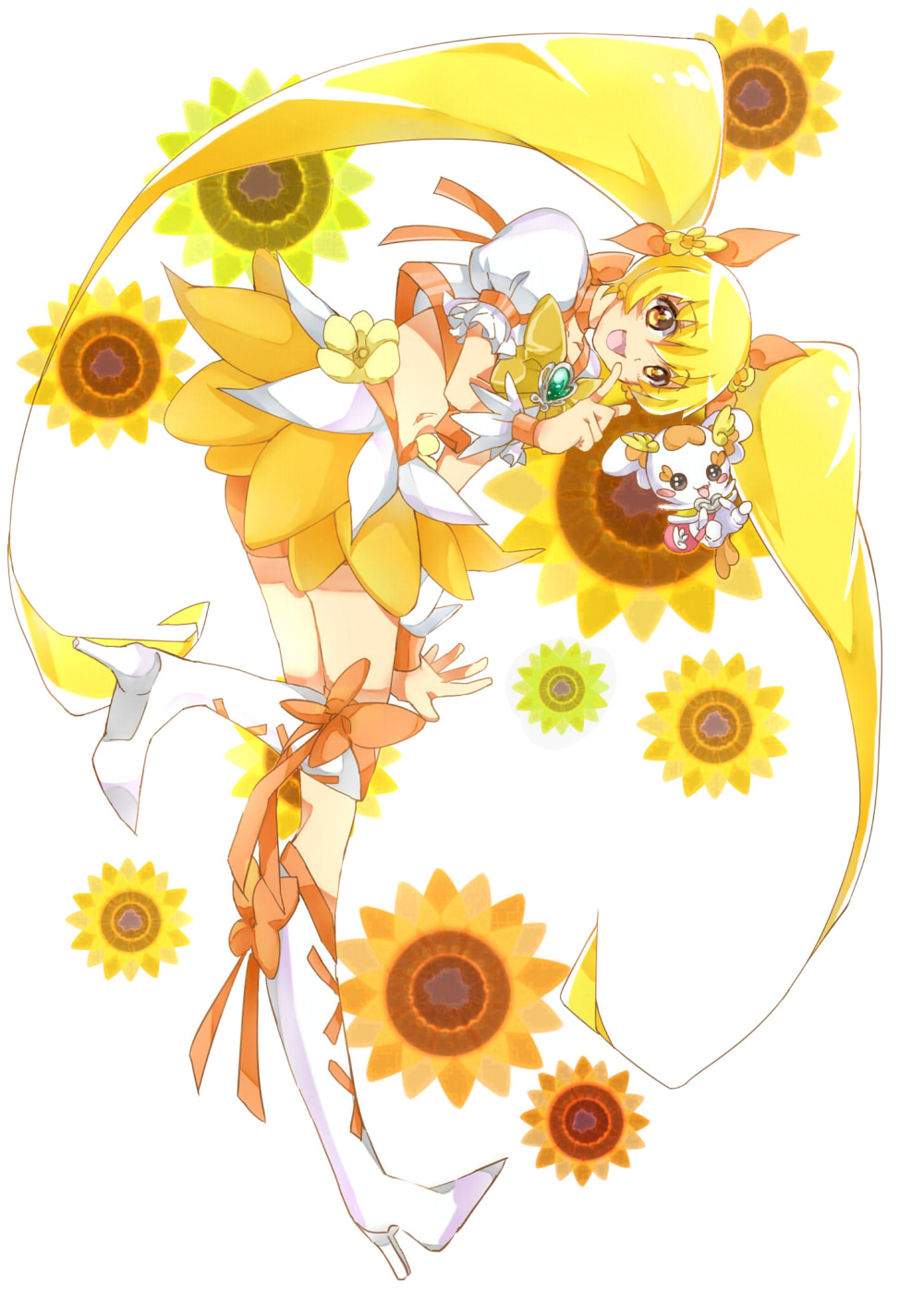 1girl blonde_hair boots cure_sunshine flower hair_ribbon heart heartcatch_precure! highres long_hair magical_girl midriff myoudouin_itsuki navel potpourri_(heartcatch_precure!) precure ribbon shorts_under_skirt skirt smile sunflower twintails wrist_cuffs yellow_eyes