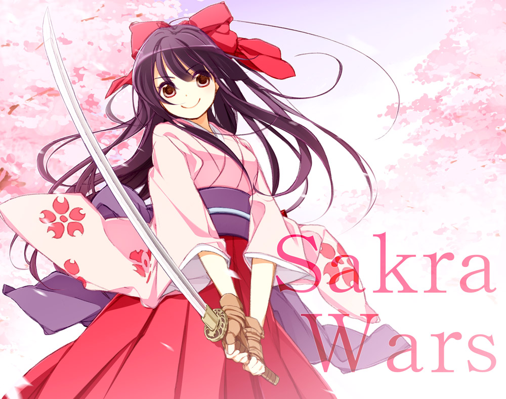 1girl black_hair bow brown_eyes cherry_blossoms fingerless_gloves gloves hair_bow hakama japanese_clothes katana kimono koshou_shichimi long_hair obi petals sakura_taisen shinguuji_sakura smile solo sword title_drop weapon