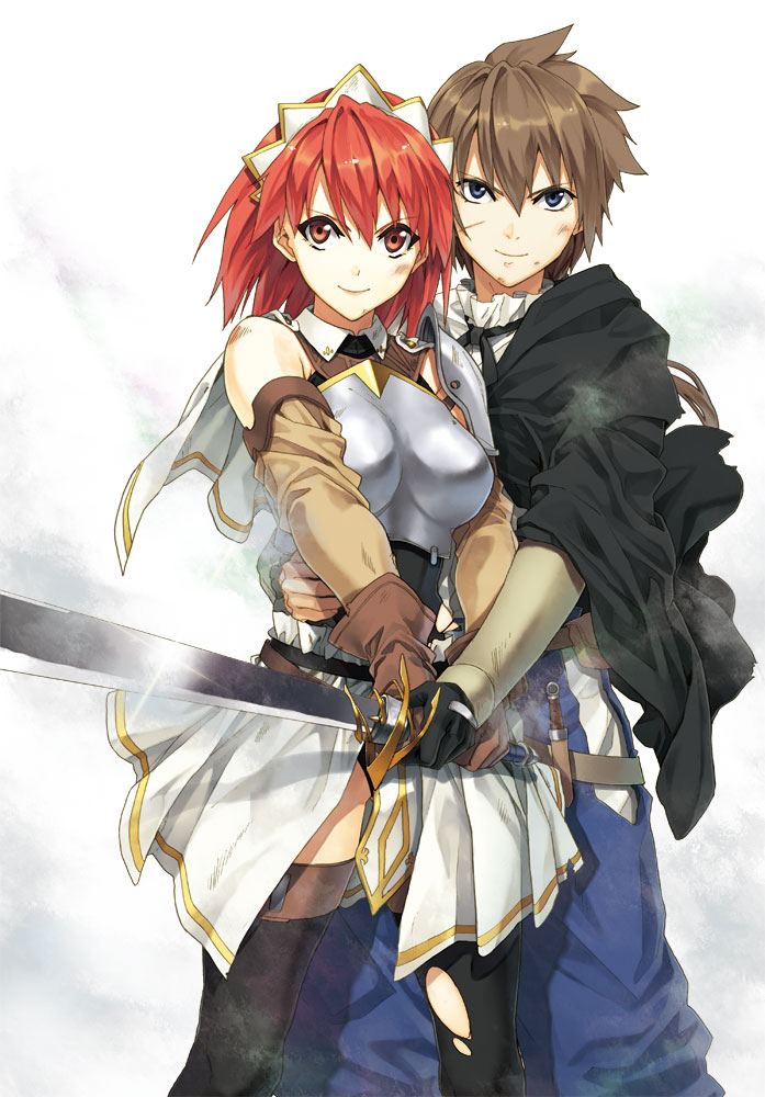 1boy 1girl armor blue_eyes blush breasts brown_hair cecily_cambell gloves looking_at_viewer luke_ainsworth red_eyes redhead runa seiken_no_blacksmith short_hair standing sword thigh-highs weapon