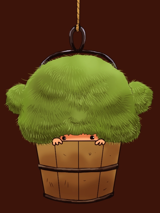 ._. 1girl alternate_hairstyle brown_background bucket hiding in_bucket in_container kisume onikobe_rin solo touhou