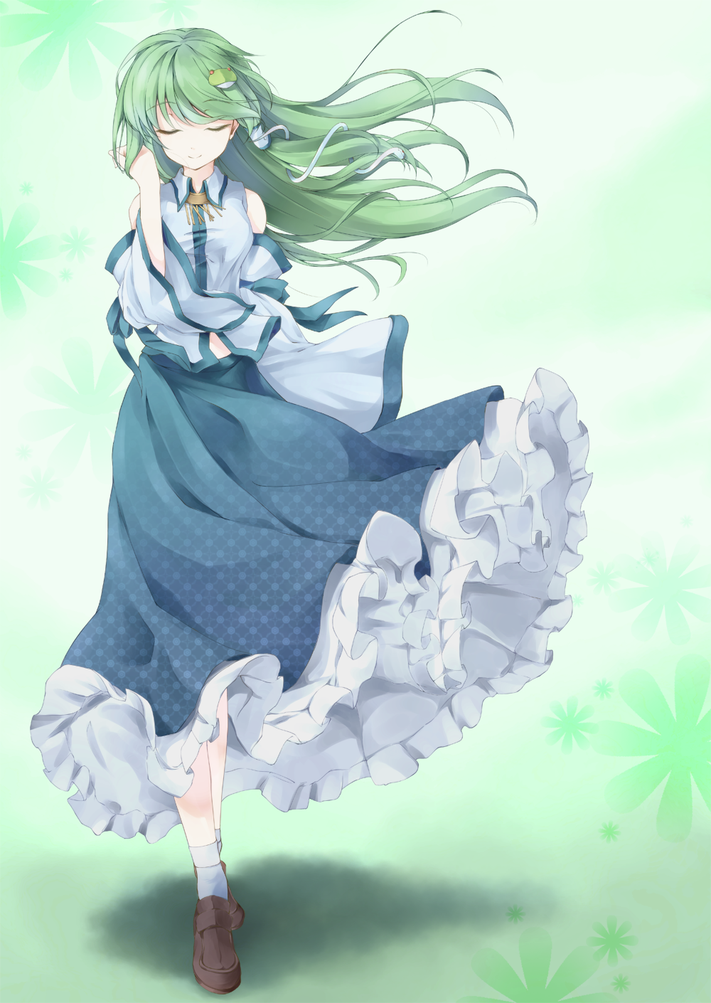 1girl awa_yume closed_eyes detached_sleeves frog_hair_ornament green_hair hair_ornament hand_in_hair highres kochiya_sanae long_hair long_skirt long_sleeves shirt skirt skirt_set smile snake_hair_ornament solo touhou very_long_hair walking wide_sleeves wind