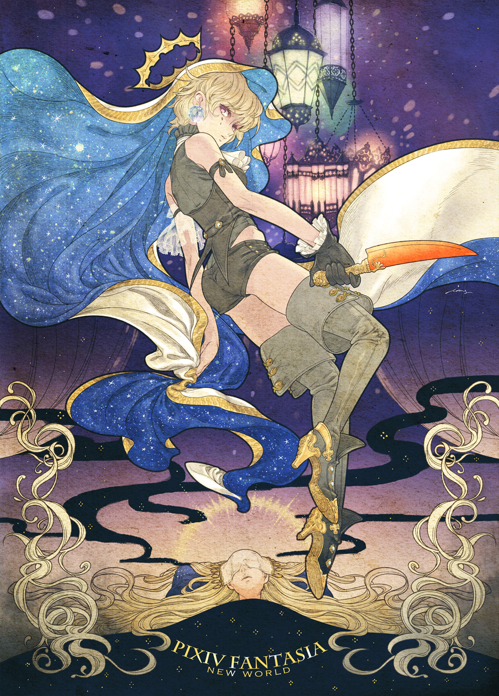 bare_shoulders blonde_hair boots crown earrings gloves high_heels highres imaginaly_blank jewelry knife pixiv_fantasia pixiv_fantasia_new_world red_eyes shoes short_shorts shorts thigh-highs thigh_boots