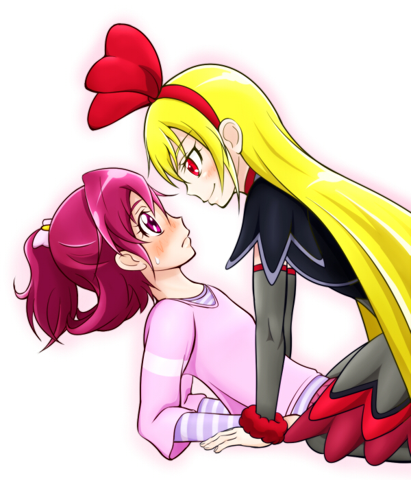 2girls aida_mana aka_shiba blonde_hair blush detached_sleeves dokidoki!_precure eye_contact girl_on_top long_hair looking_at_another multiple_girls pink_eyes pink_hair precure profile red_eyes regina_(dokidoki!_precure) short_hair simple_background smile straddle white_background yuri