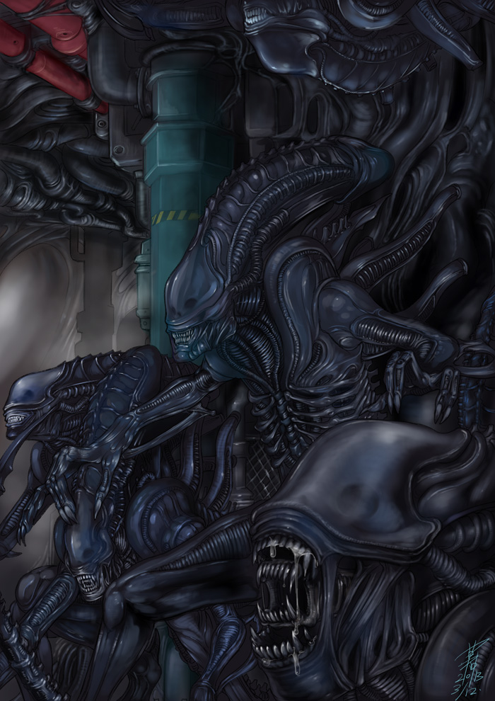 2013 alien alien_(movie) aliens fangs horde kusagami_style monster science_fiction signature slime teeth xenomorph