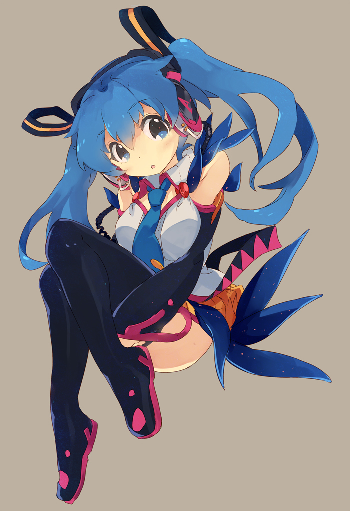 1girl blue_eyes blue_hair boots detached_sleeves hatsune_miku headphones kitano_yuusuke leg_hug necktie simple_background solo thigh-highs thigh_boots twintails vocaloid