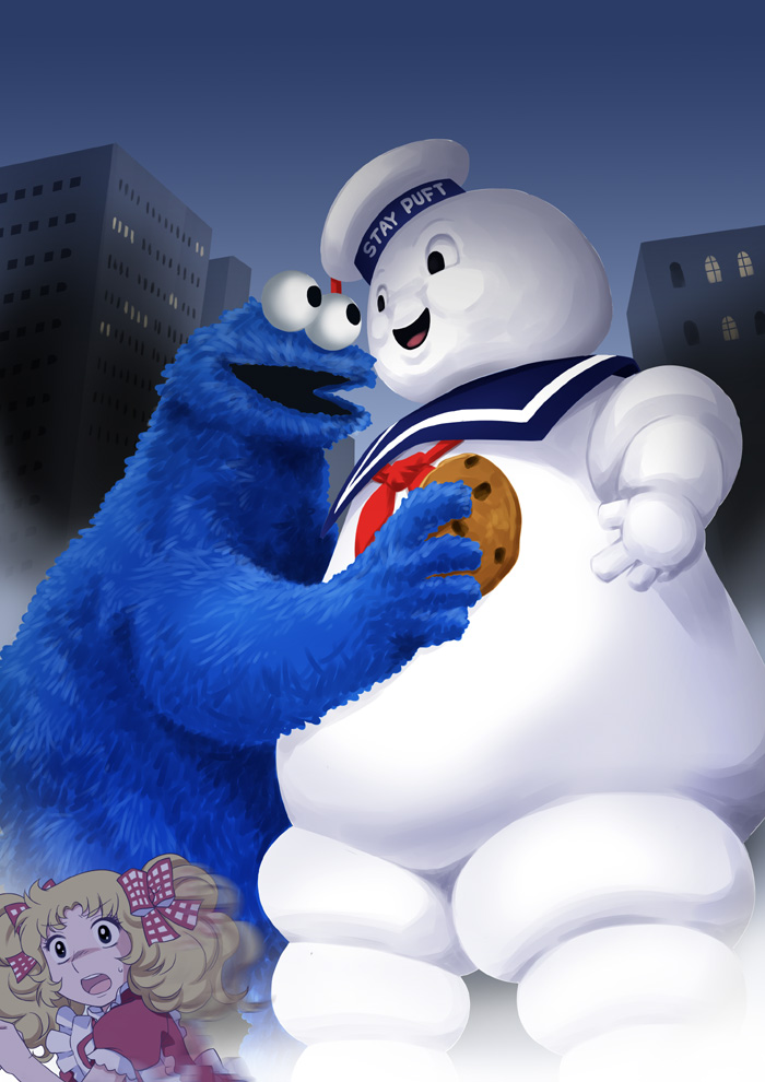 1girl 2boys akou_roushi black_eyes blonde_hair bow building candice_white_ardlay candy_candy columbia_pictures cookie cookie_monster crossover dress food ghost ghostbusters hair_bow hat human jim_henson kodansha monster muppet pbs puppet running sailor_collar sesame_street skyscraper sony stay_puft toei_animation what